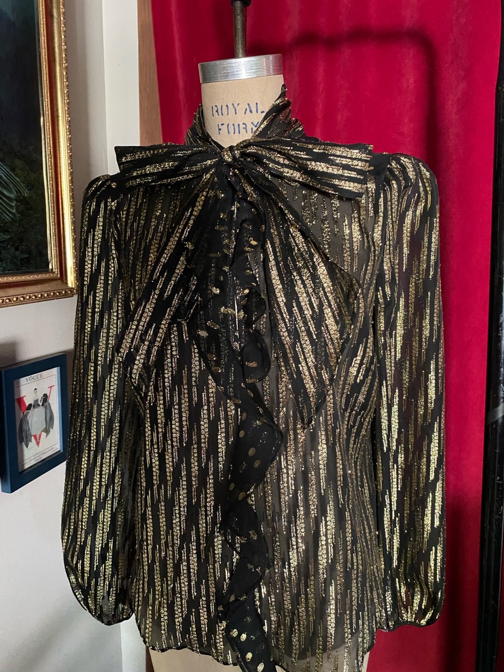 Rachel Zoe metallic stripe and polka dot ruffle front bow tie-neck blouse